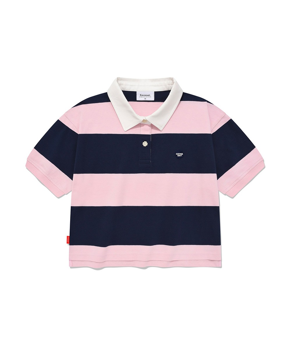우먼 스트라이프 럭비 티셔츠 핑크
